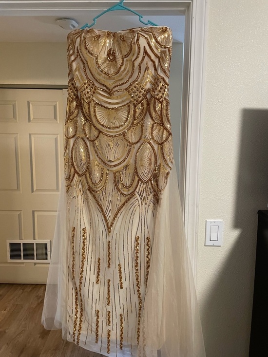 Amazon Dresses & Skirts - Angel's XL Cream and Gold Sequin Strapless Prom Gown